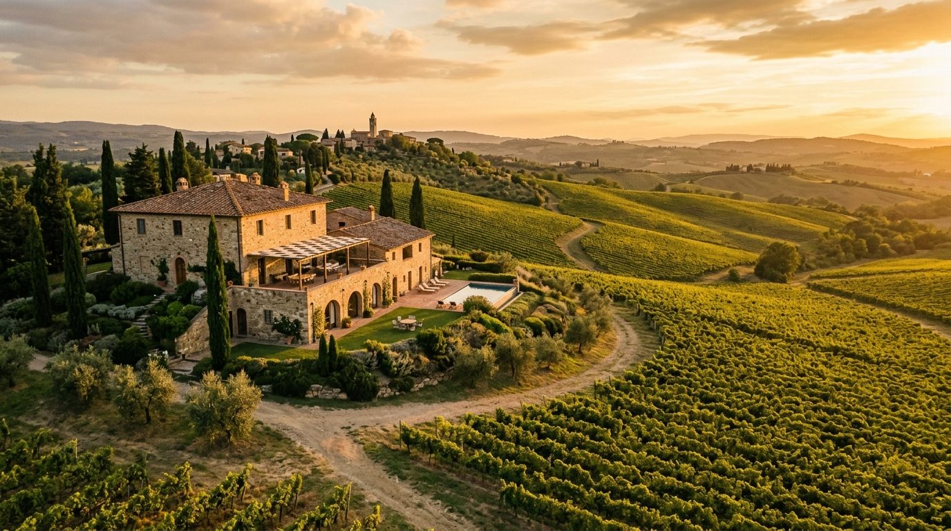 Luxury Tuscany Vineyard Estate at Golden Hour